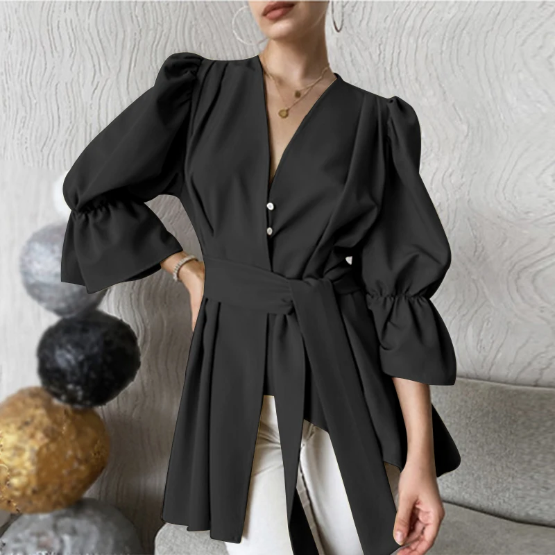 

Summer Sexy V Neck Women Blouses VONDA Women Long Flare Sleeve Pleated Chemise Shirts Loose Ruffled Hem OL Office Tops Oversized
