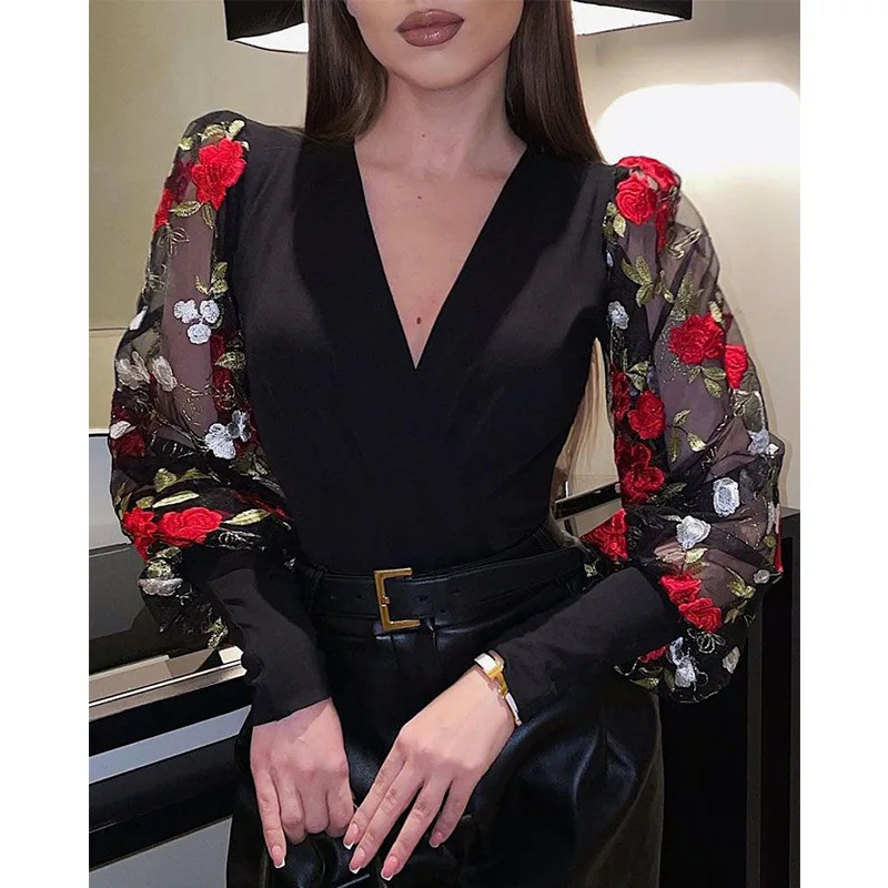 

Sexy Bodysuit Women Spring 2022 New Mesh Stitched Lantern Sleeve V-neck Women's Bodysuit