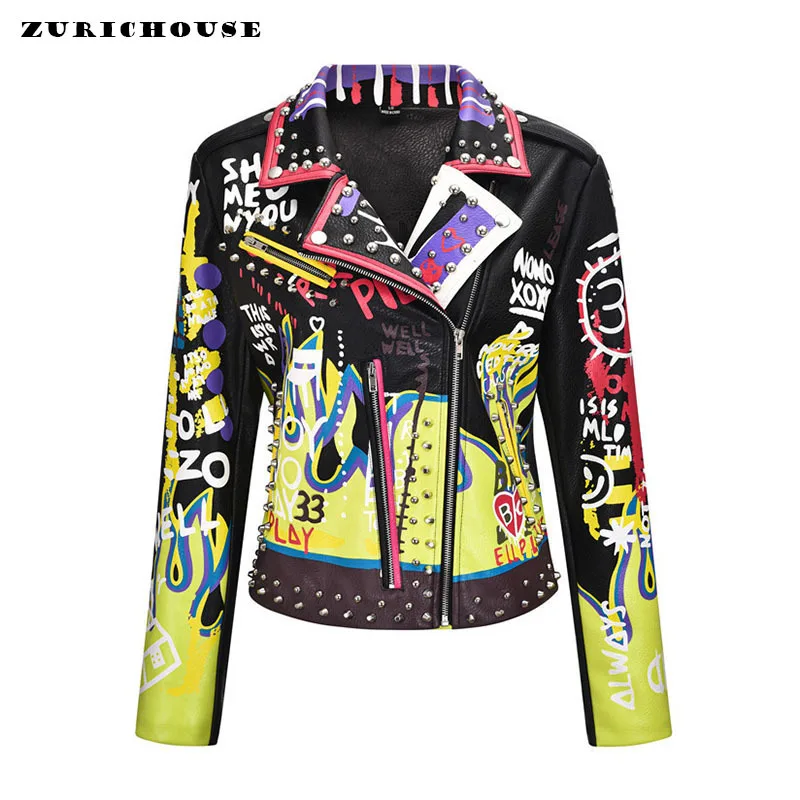 ZURICHOUSE Contrast Color Graffiti Print Punk Rivet Jackets Female Slim Short Streetwear Motorcycle Women's Leather Coats