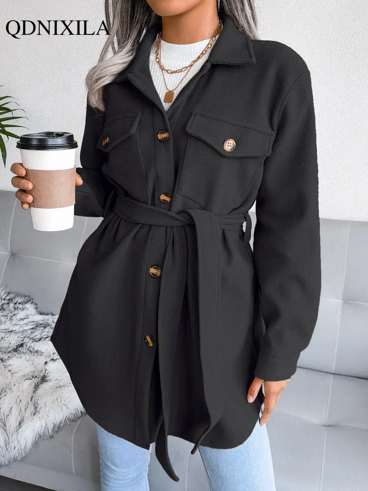 

2022 Autumn Winter Women's Coats Wool Blends Clothing Chic and Elegant Turndown Casual Ladies Outerwear Collar Slim Thick Korean