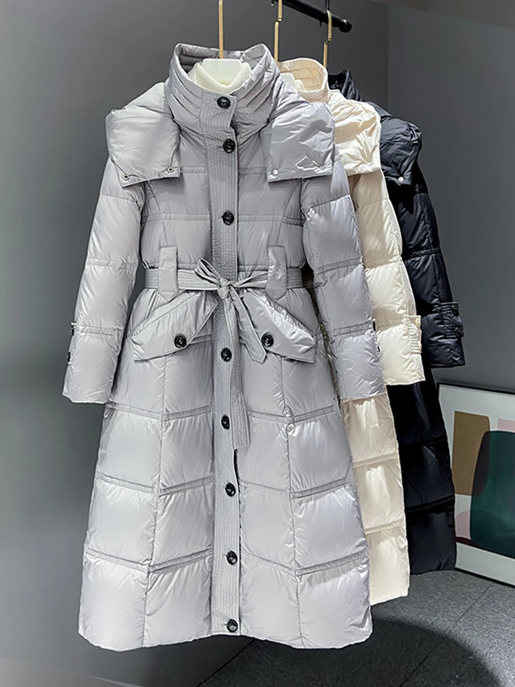 

Fitaylor Winter Women 90% White Duck Down Coat Casual Hooded Single Breasted Windproof Long Jacket Sash Tie Up Solid Outwear