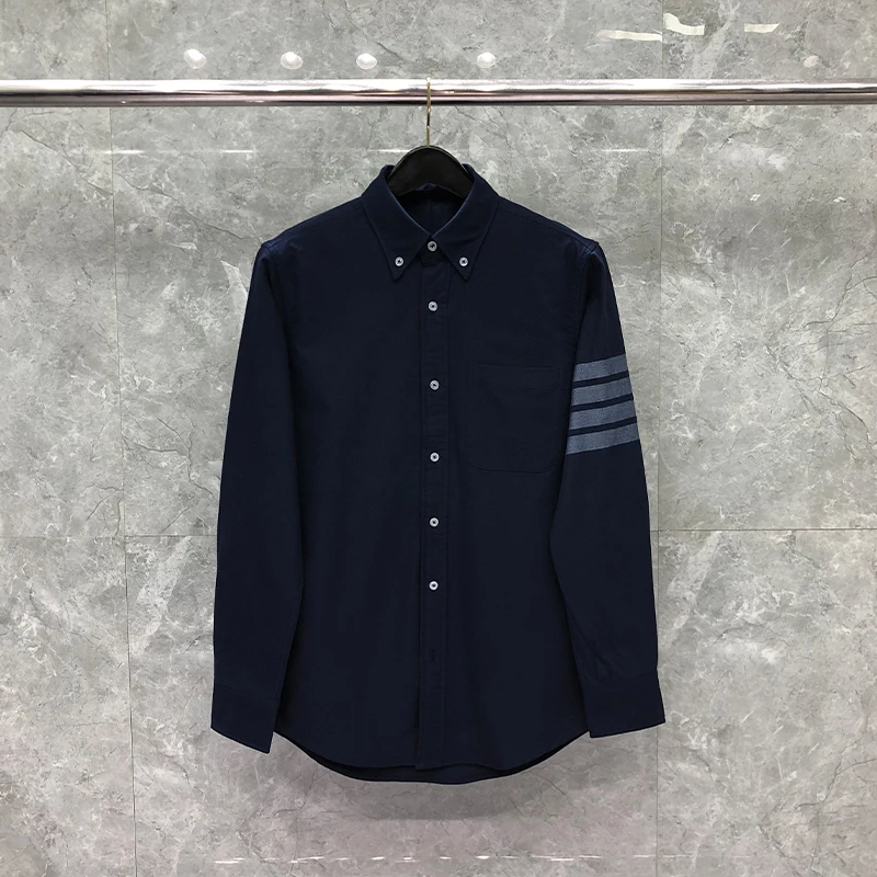 TB THOM Shirt Spring Autunm Fashion Brand Navy Men's Shirt Gray 4-bar Stripe Casual Cotton Oxford Slim Custom Wholesale TB Shirt