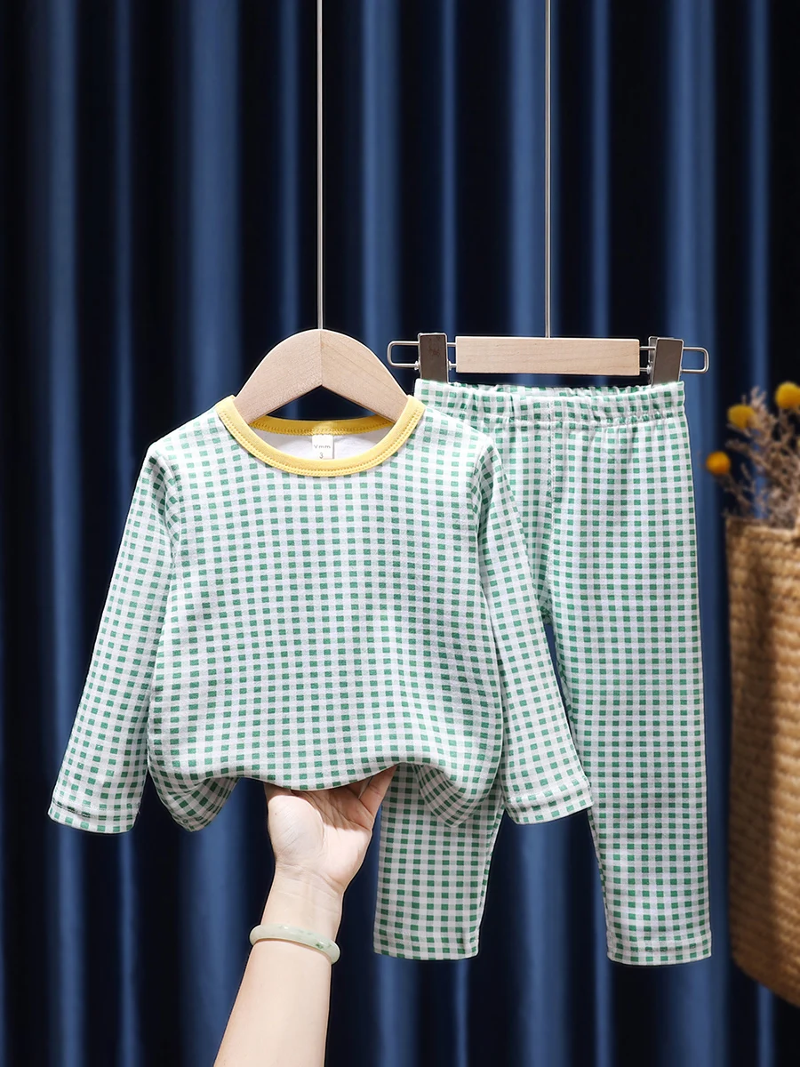 Spring Autumn Children's Clothes Set Long Johns Suit Girls Plaid Cotton Pajamas 2PCS Tops+Pants Baby Kids Underwear Casual Suit