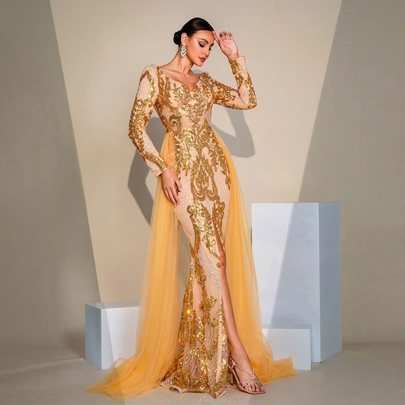 Роскошное вечернее платье Vestido De Festa женское с длинным рукавом и v-образным