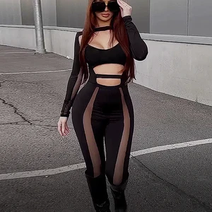 2022 Sexy Mesh Skinny Black Jumpsuit Women Street Style Casual Hollow Out One Piece Outfits Romper S in Pakistan