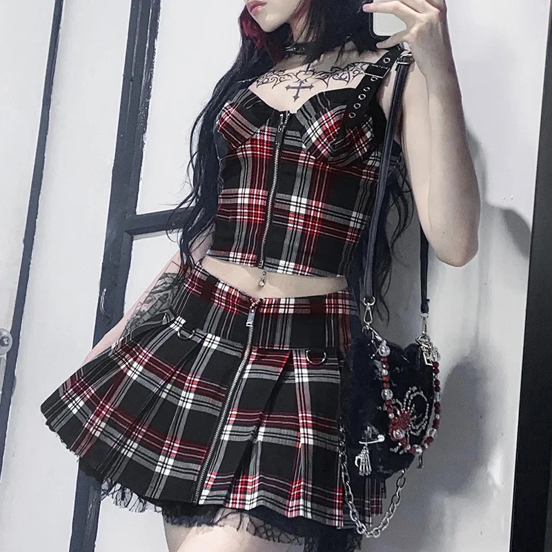 

Женская плиссированная юбка, Готическая короткая клетчатая юбка с лямкой на шее, в стиле Харадзюку