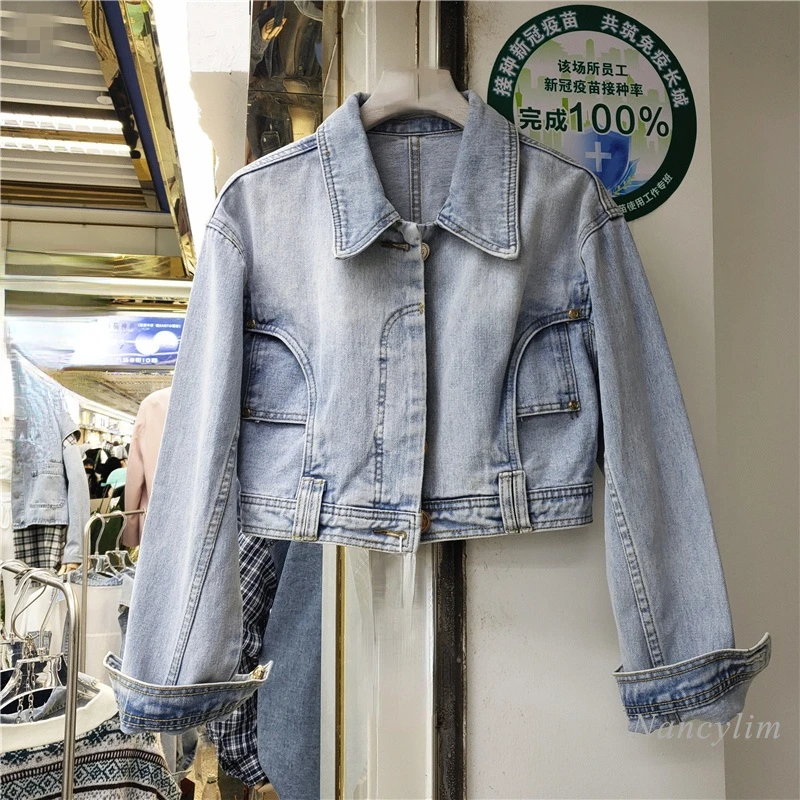 

Куртка женская джинсовая в стиле ретро, короткая уличная одежда из денима с эффектом потертости, для ранней весны, 2022