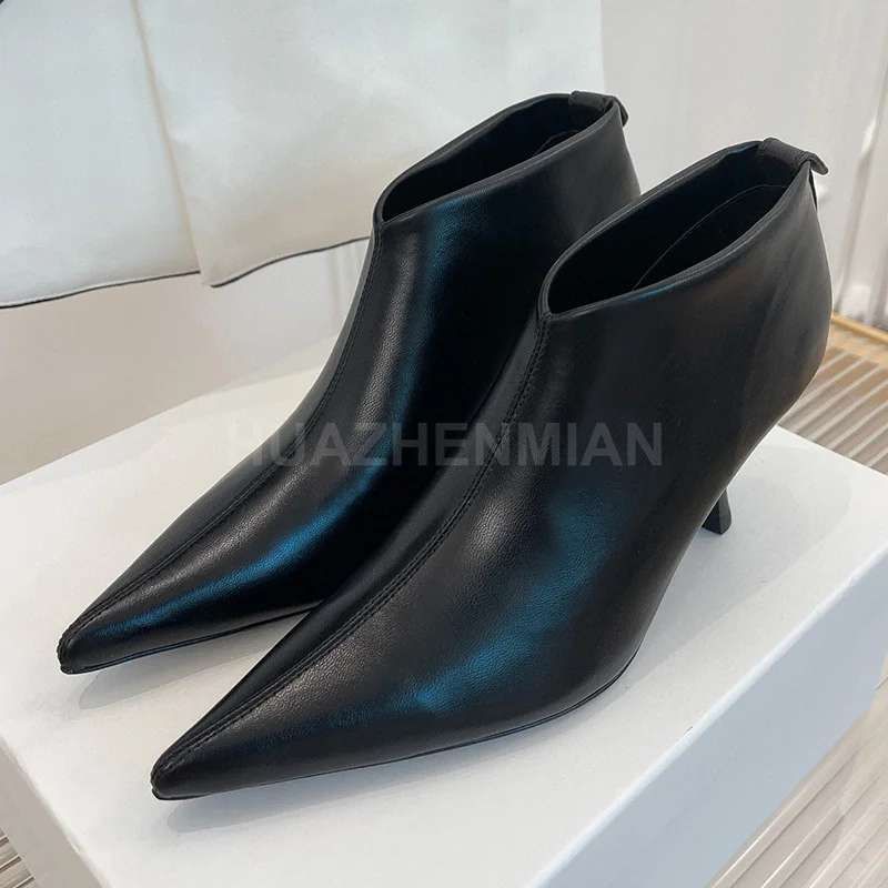 

Женские ботильоны из натуральной кожи, однотонные полусапожки с острым носком, простые Универсальные ботинки, весна-осень 2023