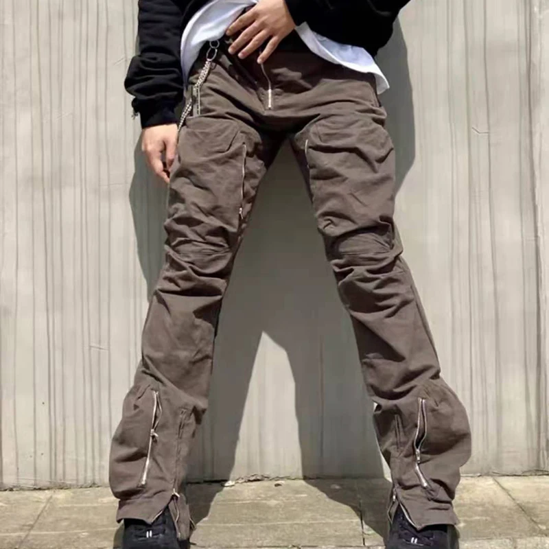 Mens High Street Retro Straight Casual Oversize Cargo Pants Safari Style Loose Trousers Muiti-pockets Drawstring Overalls