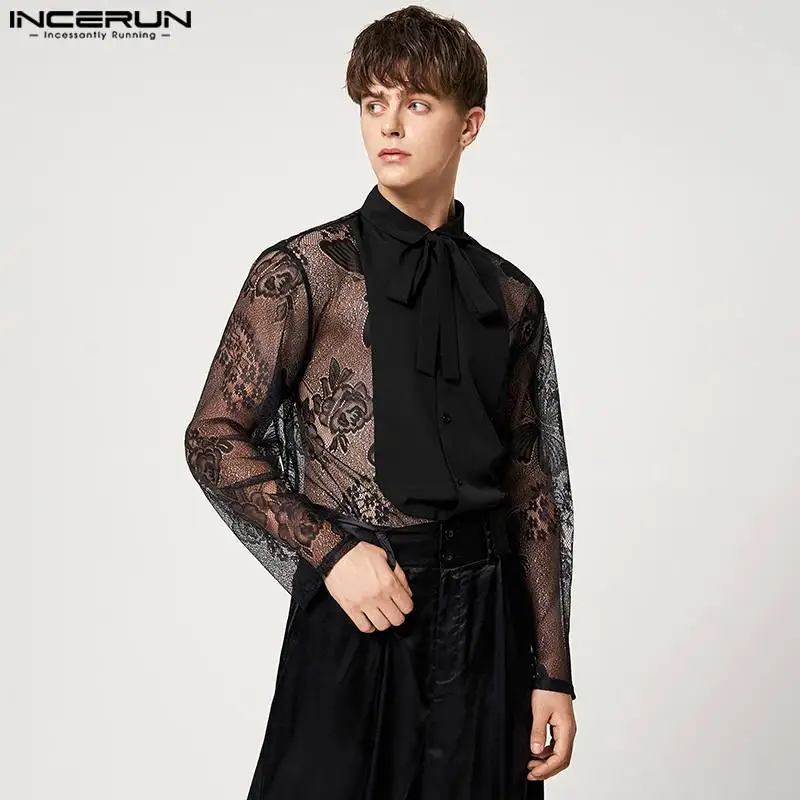 

INCERUN Men Shirt Lace Patchwork Lapel Long Sleeve 2022 Fashion See Through Lace Up Camisas Streetwear Sexy Men Clothing S-5XL