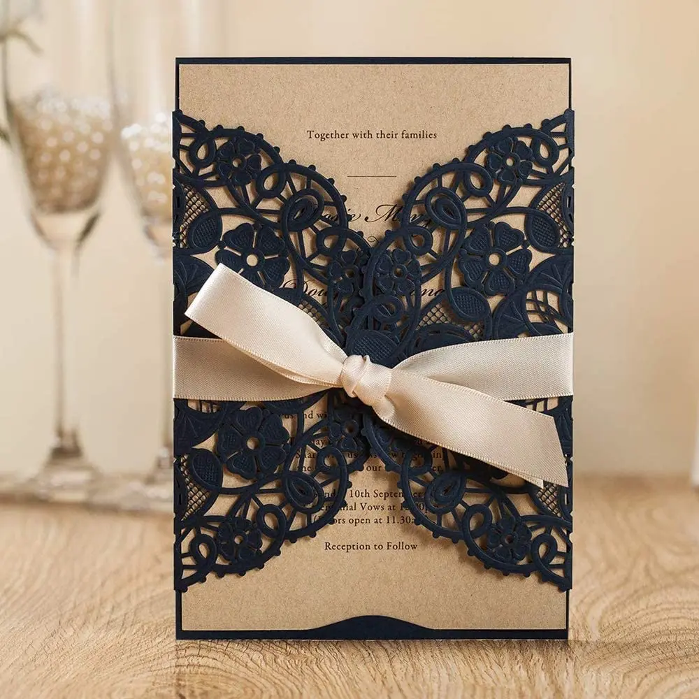 

Wishmade 50pcs Laser Cut Wedding Invitations Cards with Envelopes Navy Blue Lace Flora Invites Card for Party Anniversary