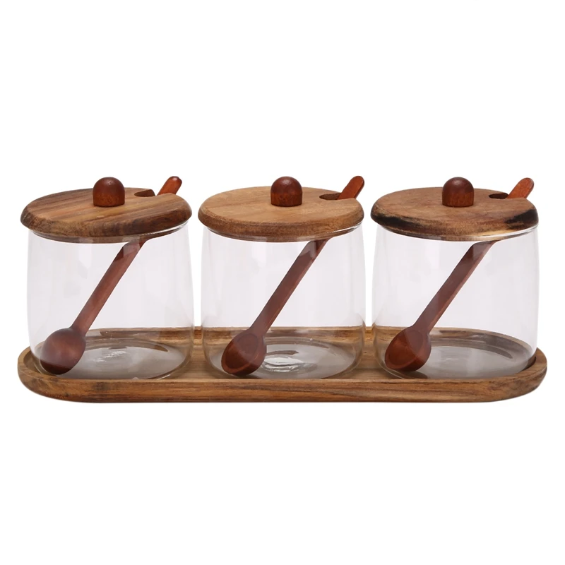 

1Pc Spice Jars Container Set Wooden Lid Airtight Glass Jar With Spoon Salt Sugar Pepper Herbs BBQ Seasoning Bottle