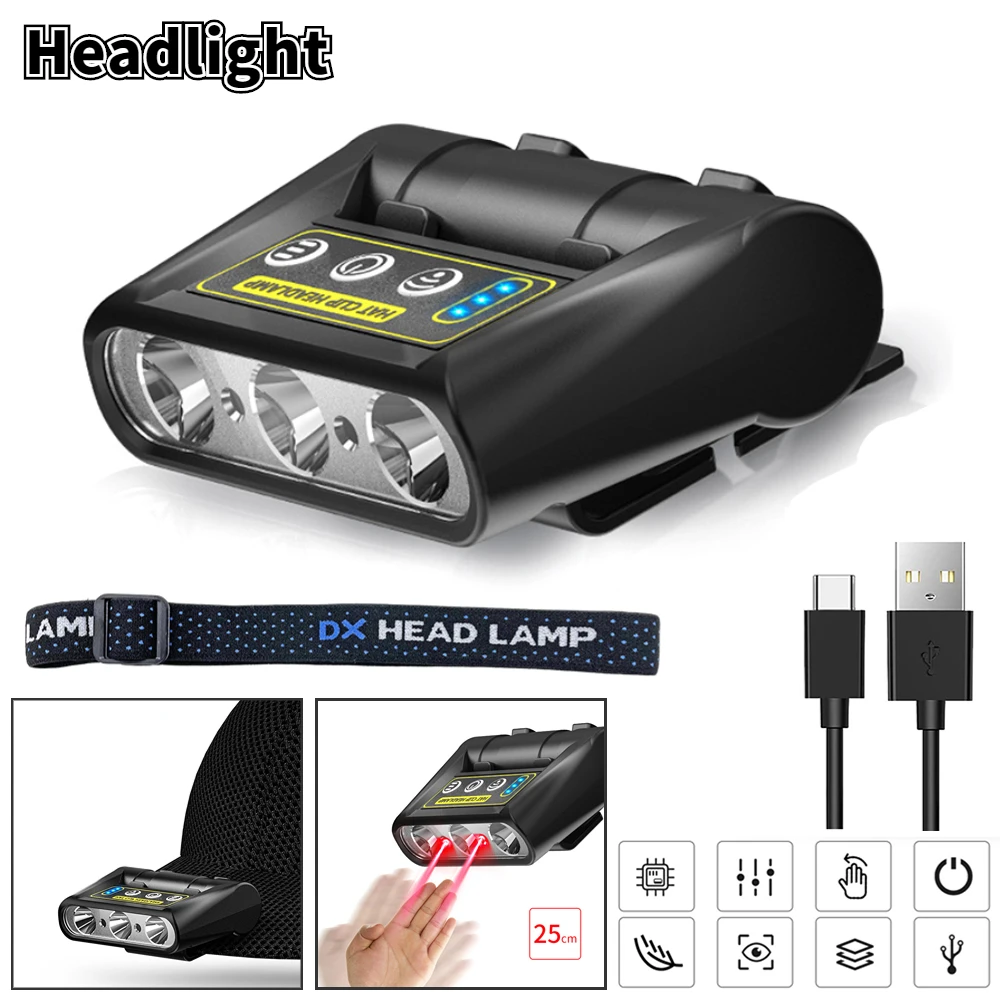 

Cap Clip Light Smart Induction Headlamp Sensor Headlight Three Light Source LED Hat Lamp USB Charging Strong Outdoor Head Lamp