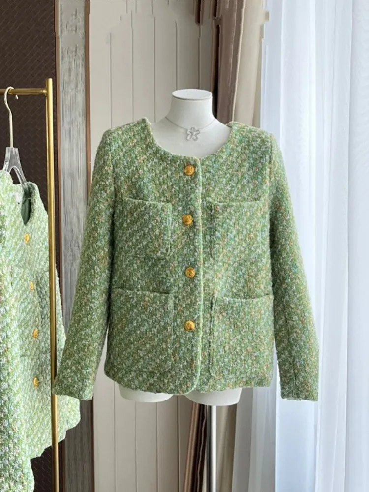 

Runway Korean Women's Luxury Green Tweed Woolen Small Fragrance High-End Coat Jacket Female Casaco Outwear Pocket Top