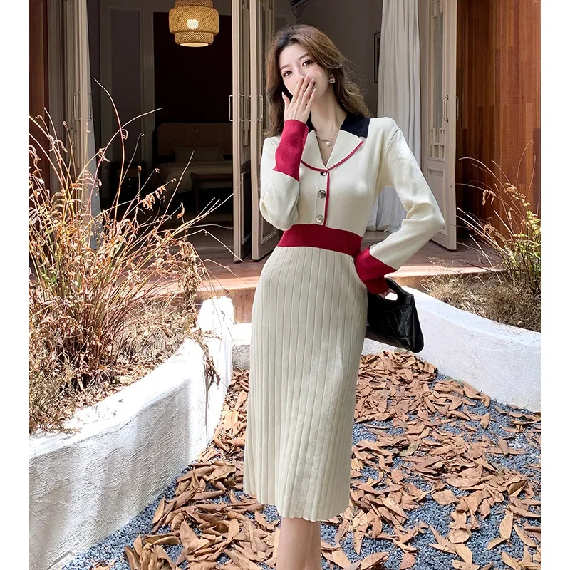2024 Autumn/Winter Women's Polo Collar Long Sleeve Knit Dress Elegant Slimming Style Korean Version Color Blocking Sweater Skirt