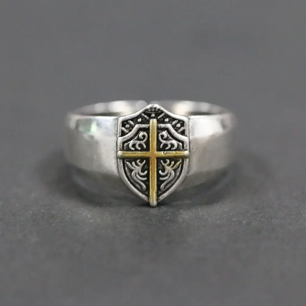 

New hot sale silver color retro freedom knight shield cross fashion hipster open ring J01824