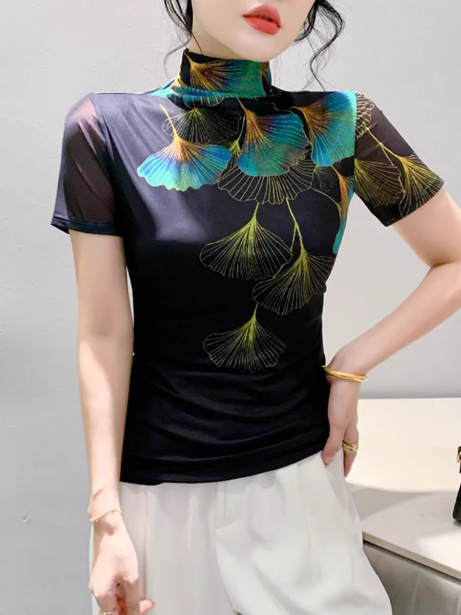 Женская эластичная водолазка базовая модная Сетчатая футболка с принтом