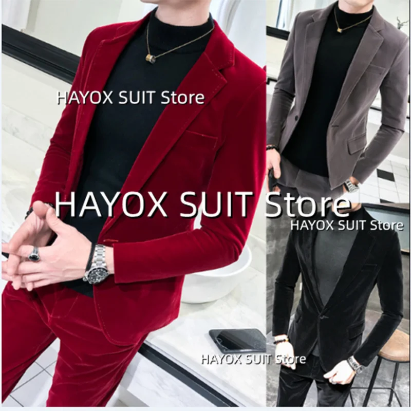 Men's Suit Slim Fit 2 Piece Gun Neck Velvet Jacket Pants Costume Prom Blazer Set