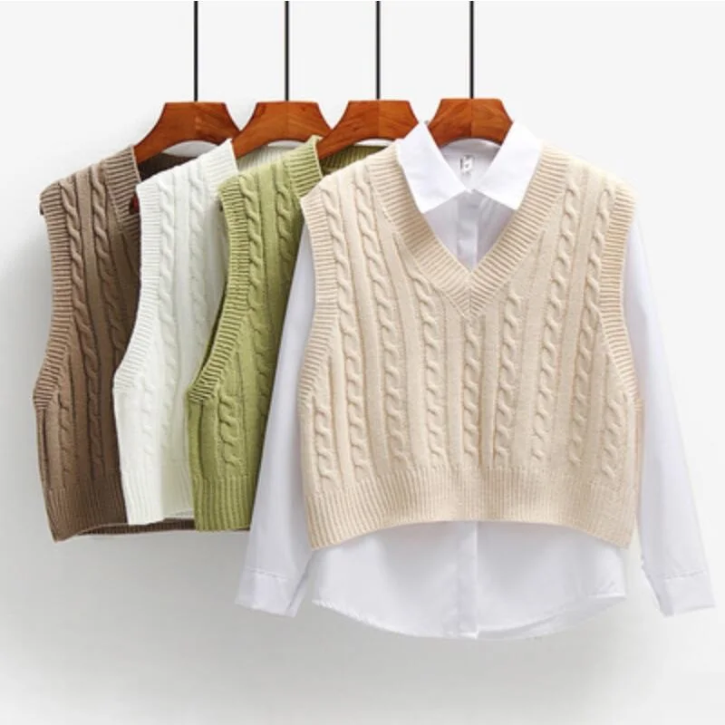 

Women Sleeveless Knitted Cropped Sweater Loose V-Neck Tank Top Coats