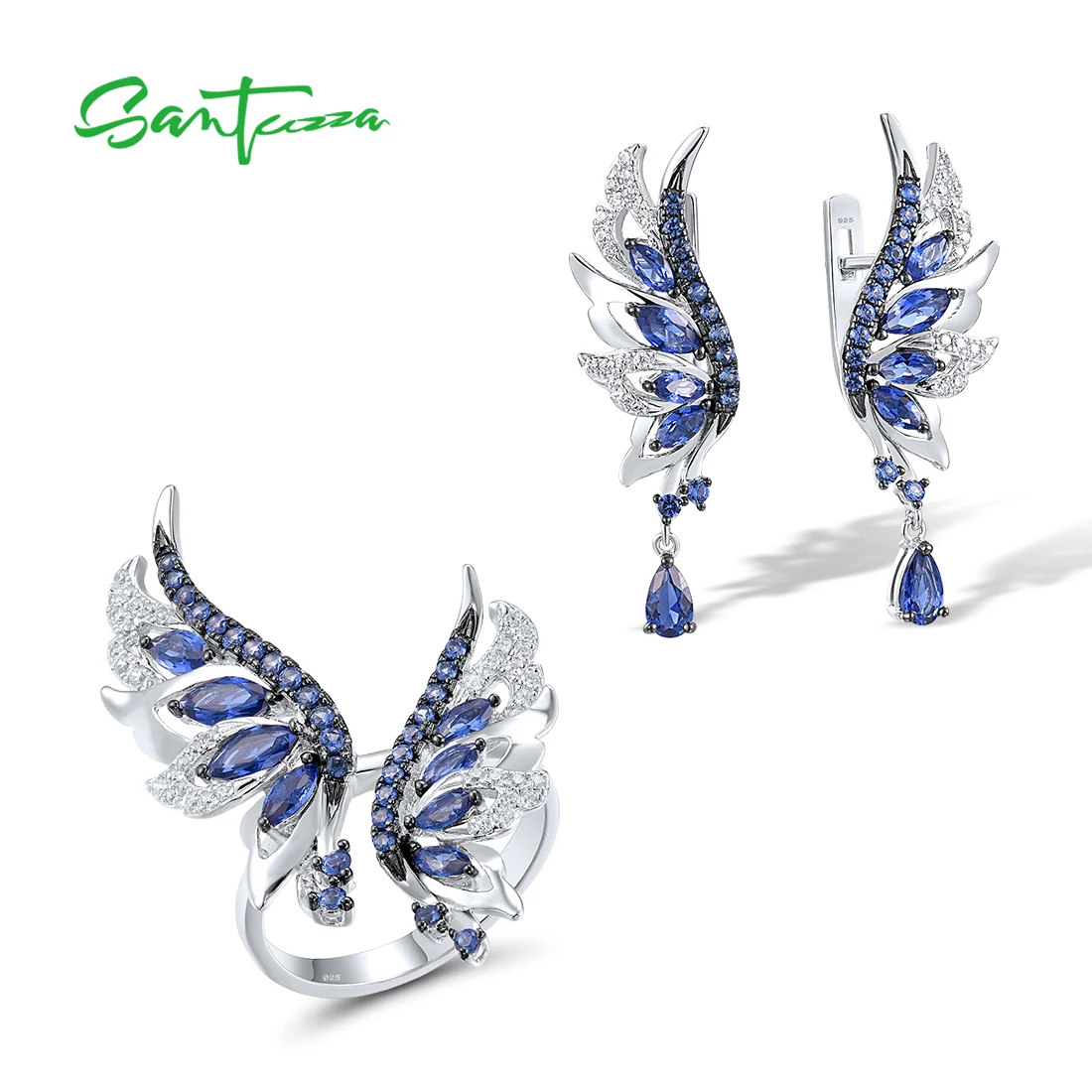 SANTUZZA-Conjunto de joyería de plata de ley 925 pura para mujer, aretes de alas de Ángel de circonia cúbica blanca y azul, juego de anillos, joyería fina a la moda