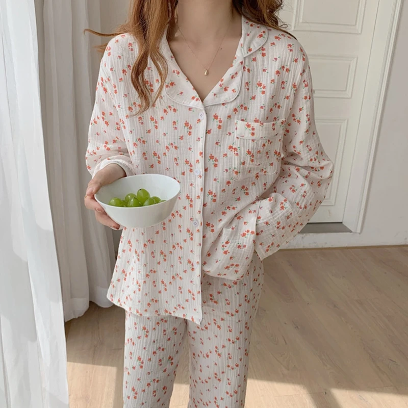 Women Autumn Button Down 2 Piece Pajamas Set Long Sleeve Lapel V-Neck Tops and Elastic Waist Pants Little Floral Printed 37JB