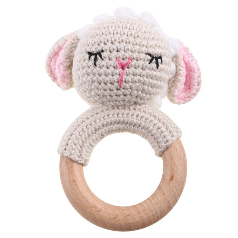 

Baby Wooden Teether Ring DIY Crochet Sheep Rattle Infant Nursing Soother Molar Teething for Newborn Shower Gifts