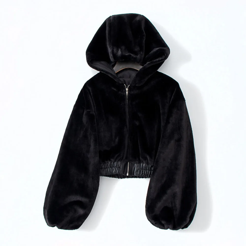 Women Winter Faux Fur Jacket Short Coat 2021 Thick Warm Fashion Gothic Casual Zipper Jackets Black Hooded Outwear Oversize Coats
