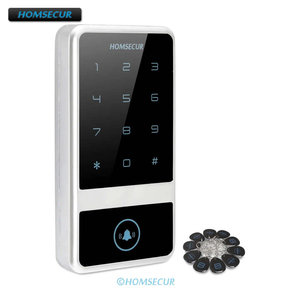 

HOMSECUR 12V Waterproof Touch Keypad 125Khz RFID Proximity Reader Access Control Anti-Tamper Alarm+10* Keyfobs for Home Security