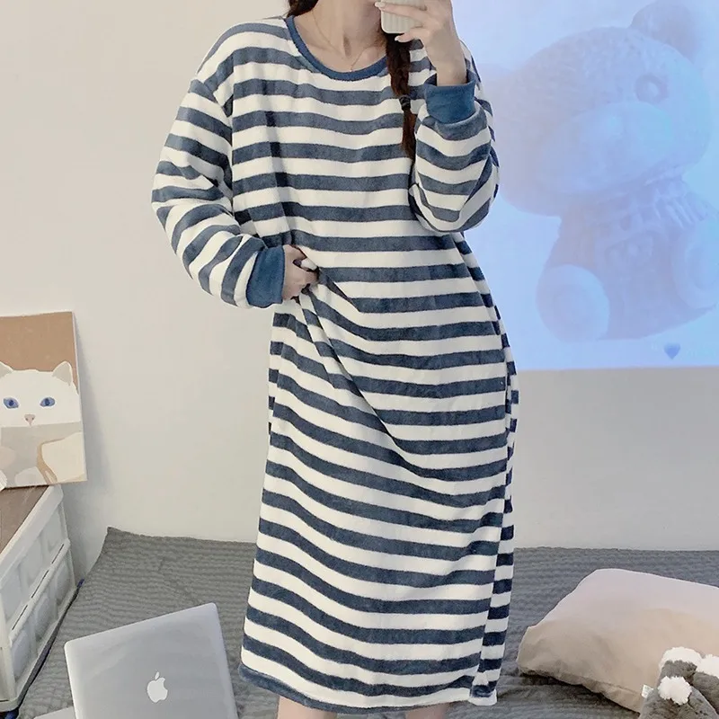 Winter Long Sleeve Thick Warm Flannel Nightgowns for Women Long Dress Coral Velvet Sleepwear Nightdress Nighty Loose Lounge Wear