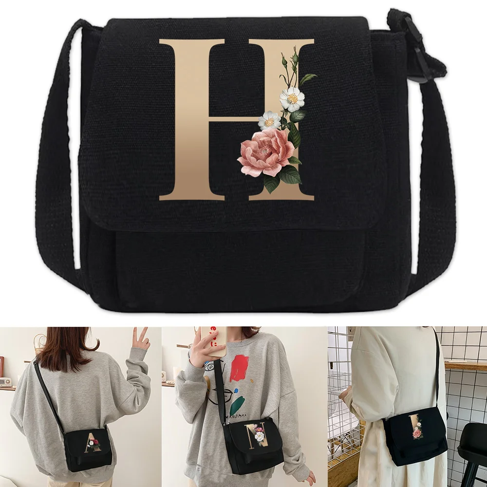 

Crossbody Bag Youth Canvas Shoulder Case Men Casual Wild Messenger Bags Women Shopping Organizer Gold Letter Print Postman Case