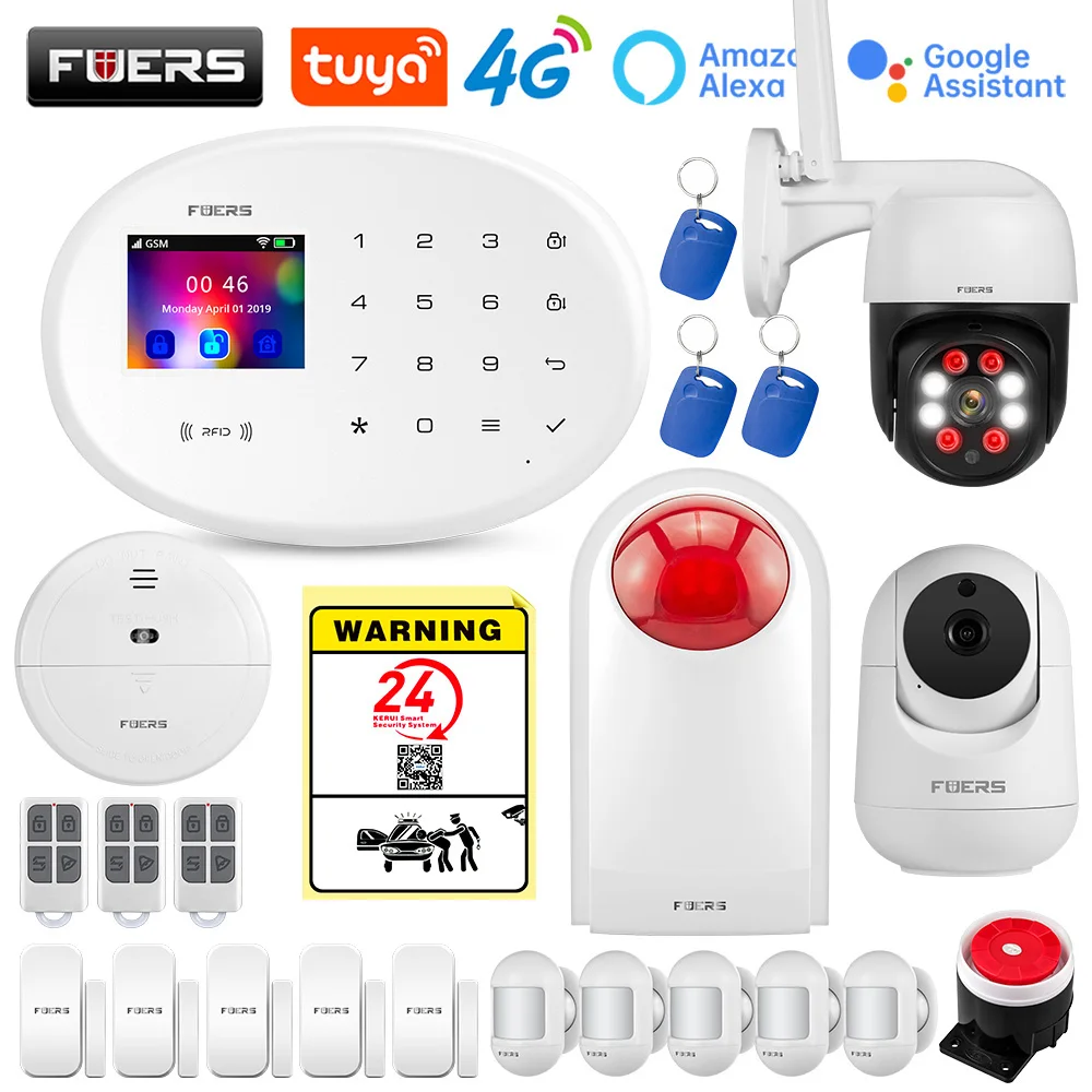 Комплект охранной сигнализации FUERS W204 4G GSM WIFI Tuya умный дом, беспроводная система охранной сигнализации, IP-камера, водонепроницаемая, защита о...