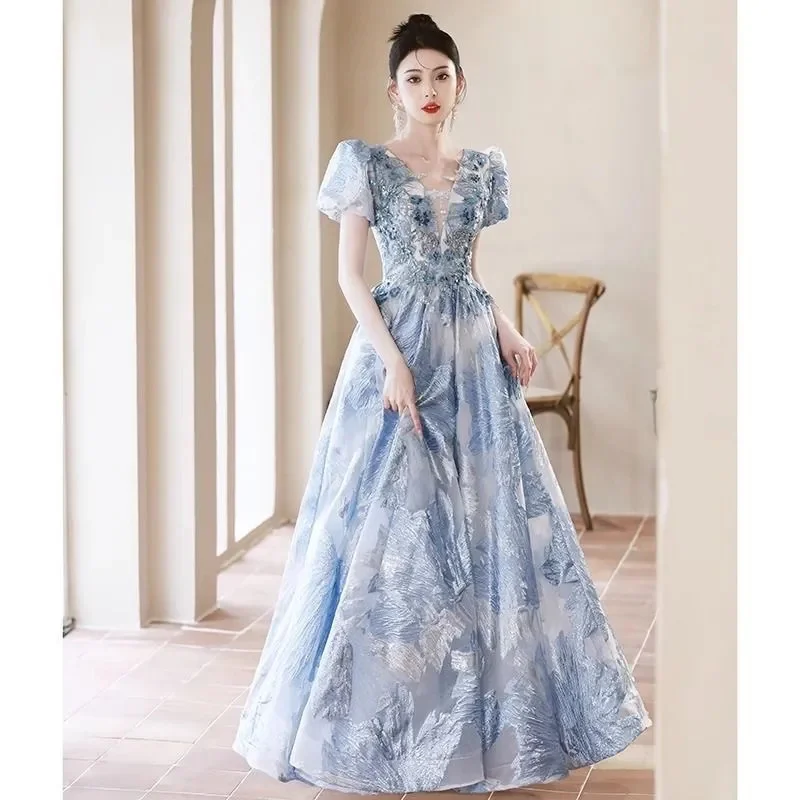Синее вечернее платье с рукавами-пузырями и V-образным вырезом новинка 2024