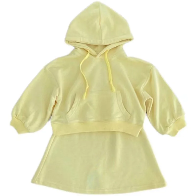 RiniKinda 2022 Autumn New Girls' Skirt Suit Children's Sweater Girls Clothes Childen Solid Long Sleeve Hooded Casual Skirt
