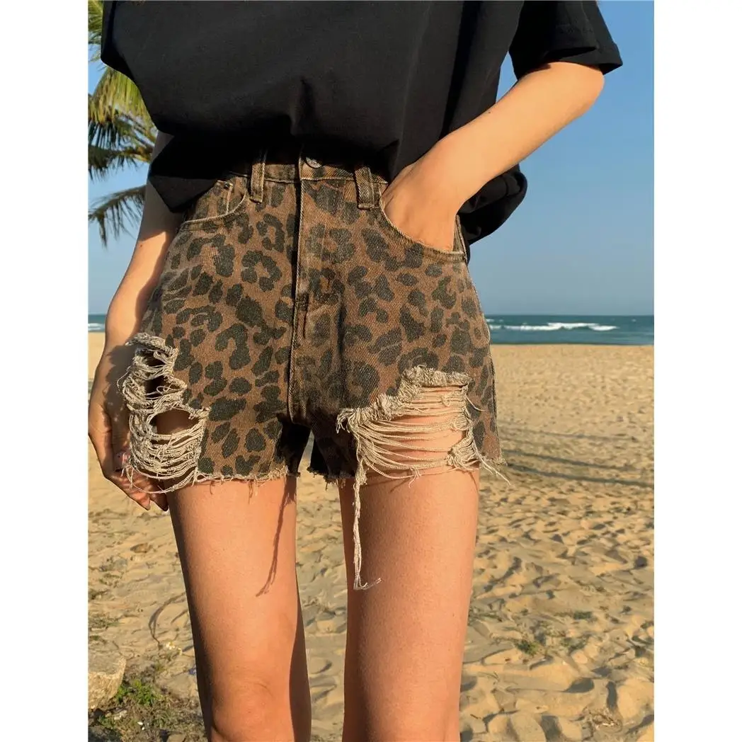 

Hot sale summer woman denim Leopard Print shorts high waist ripped jeans shorts fashion sexy female shorts S-XL drop shipping n