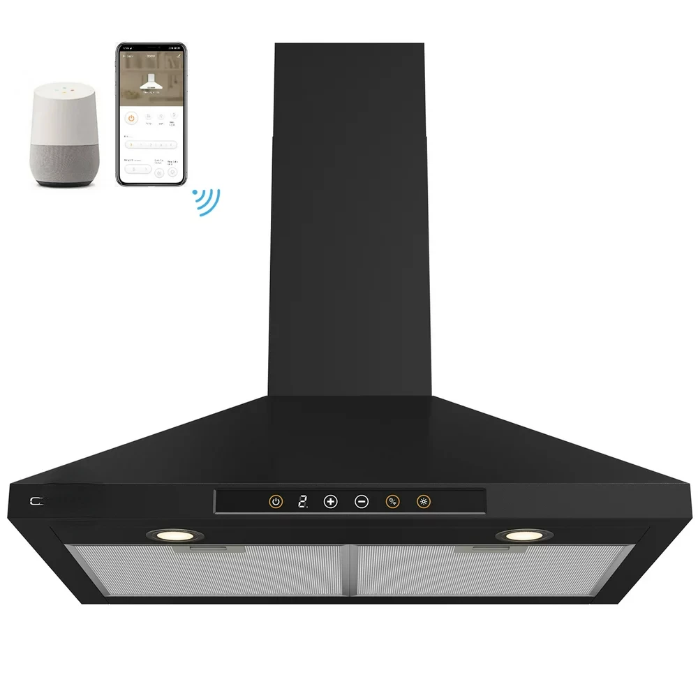 

inch 450 CFM Wall Mount Convertible Range Hood in Black with Voice and