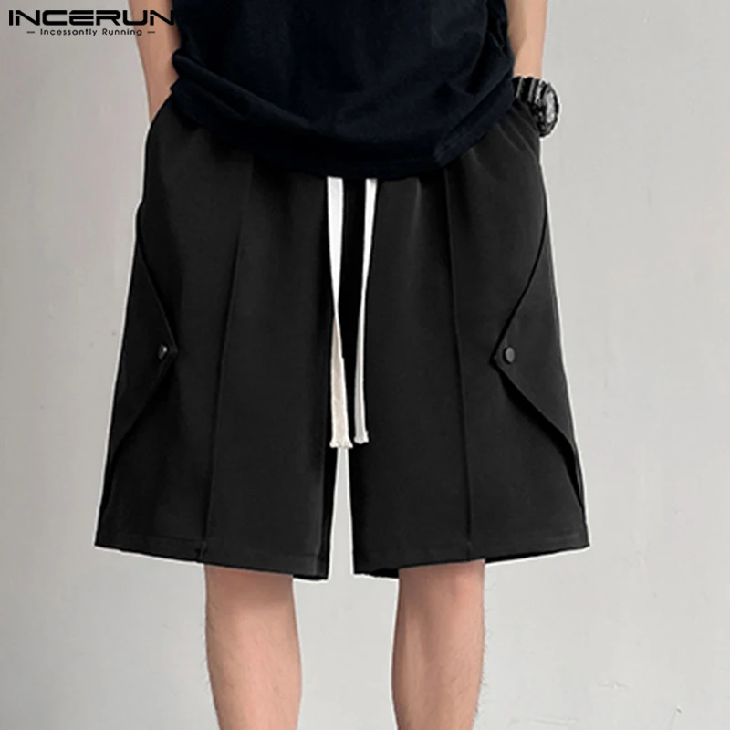 

2023 Men Shorts Drawstring Joggers Solid Color Summer Streetwear Wide Leg Shorts Korean Style Loose Casual Men Bottoms INCERUN