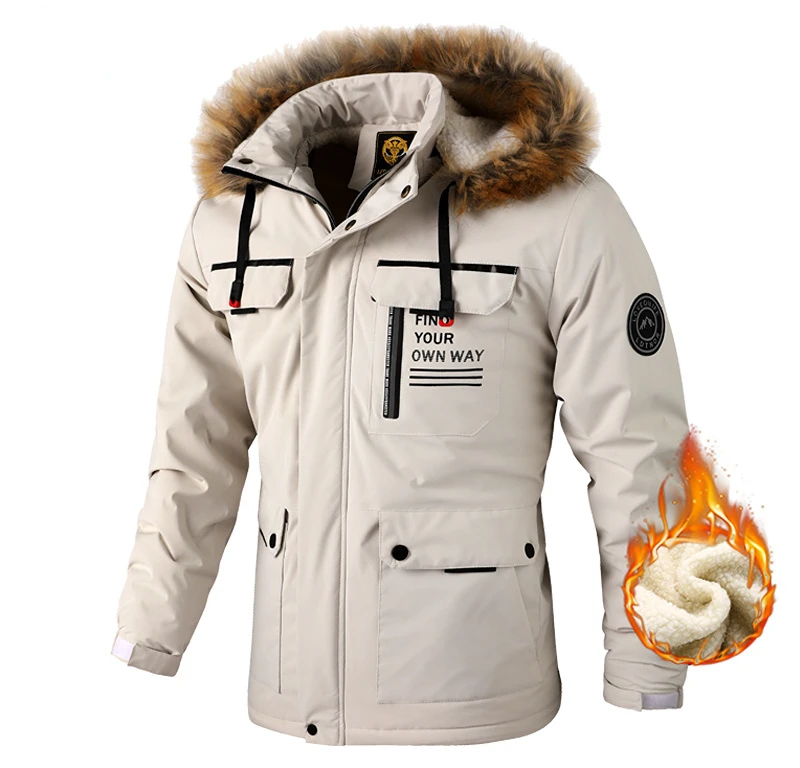 

2022 Men Winter Warm Fleece Thick Windbreaker Jacket Coat Parkas Men Fashion Fur Collar Detachable Hooded Waterproof Jacket Men