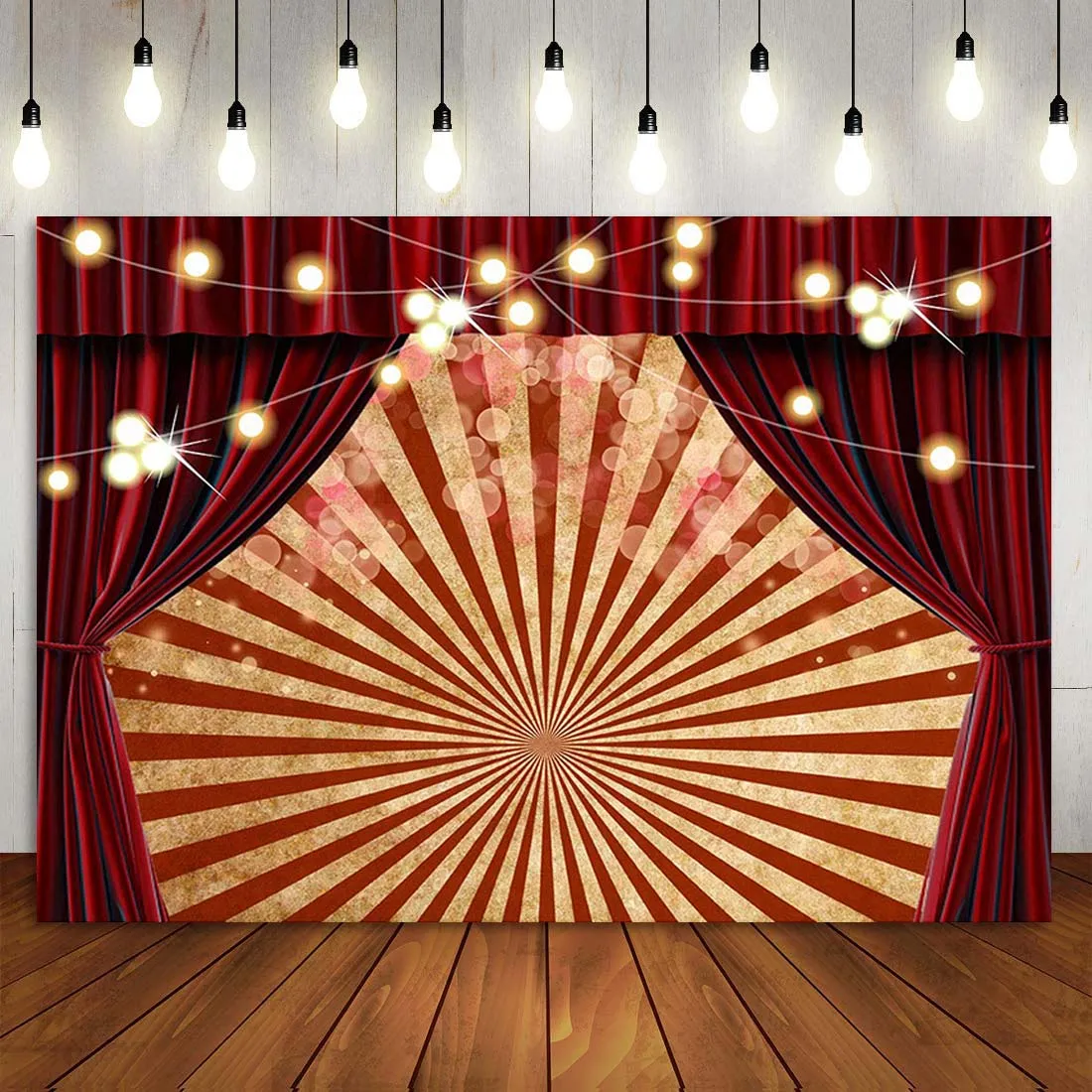 

Halloween Evil Clown Backdrop Horror Circus Photography Background Glitter Red Curtain Stripe Ray Shape Birthday Party Banner