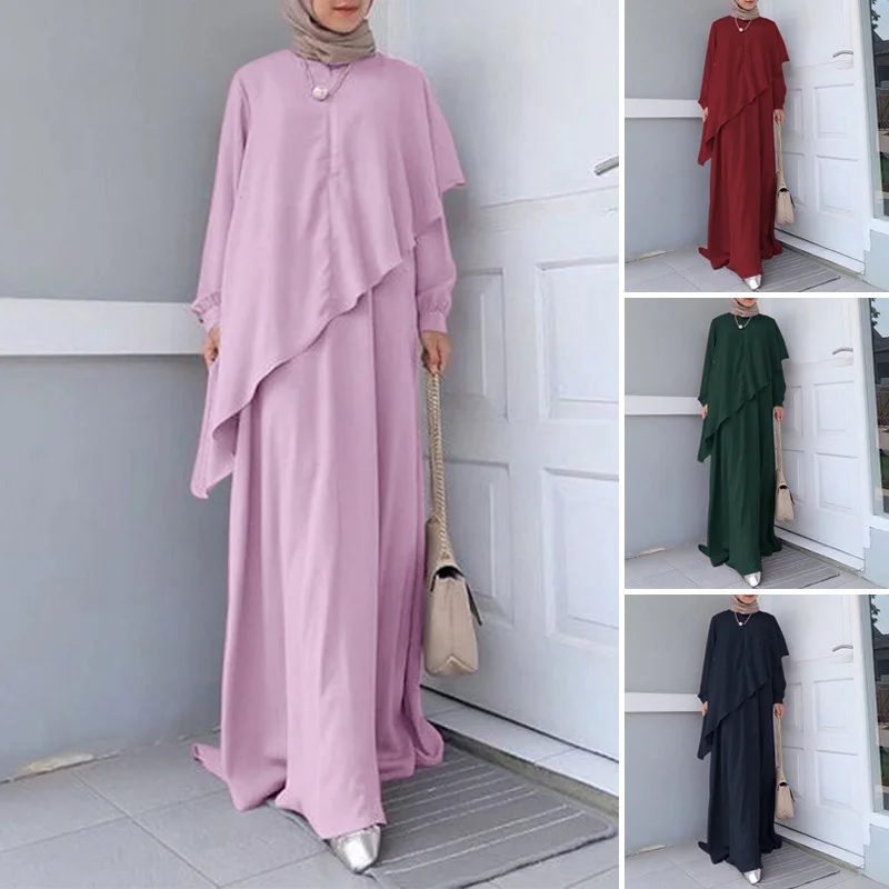 Elegant Türkiye Sundress Muslim Abaya Dress Solid Long Sleeved Gown Women Dubai Prayer Shawl Islamic Clothing Ramadan