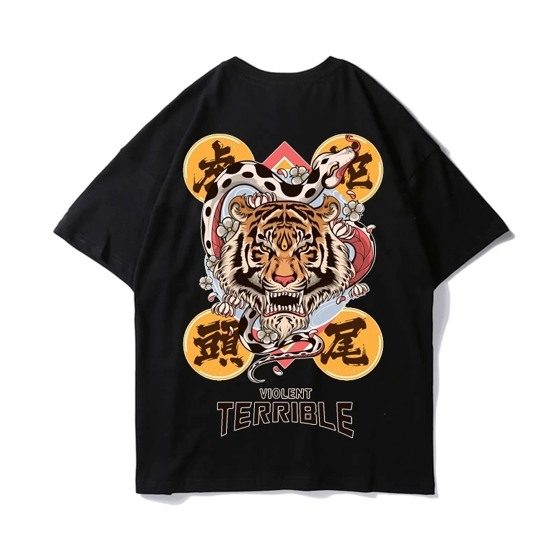 Original Hip Hop Men T Shirt Tiger And Snake Streetwear Summer Tshirts Short Sleeve Cotton Loose Tops Tees New