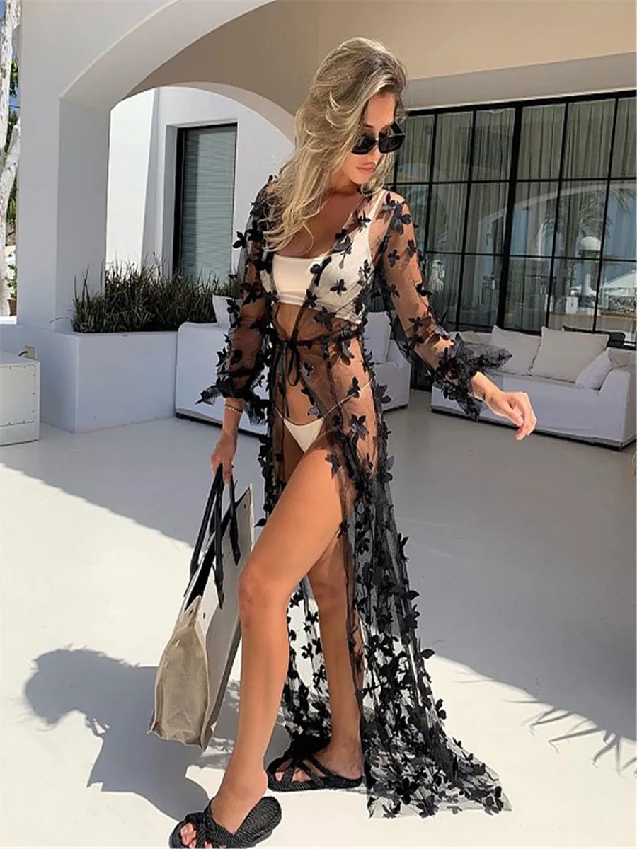 

Summer Sexy Beach Outing Swimwear Cover Perspective Long Cardigan Top Beach Dress Cover-Ups New Summer Covers Up Swimwear