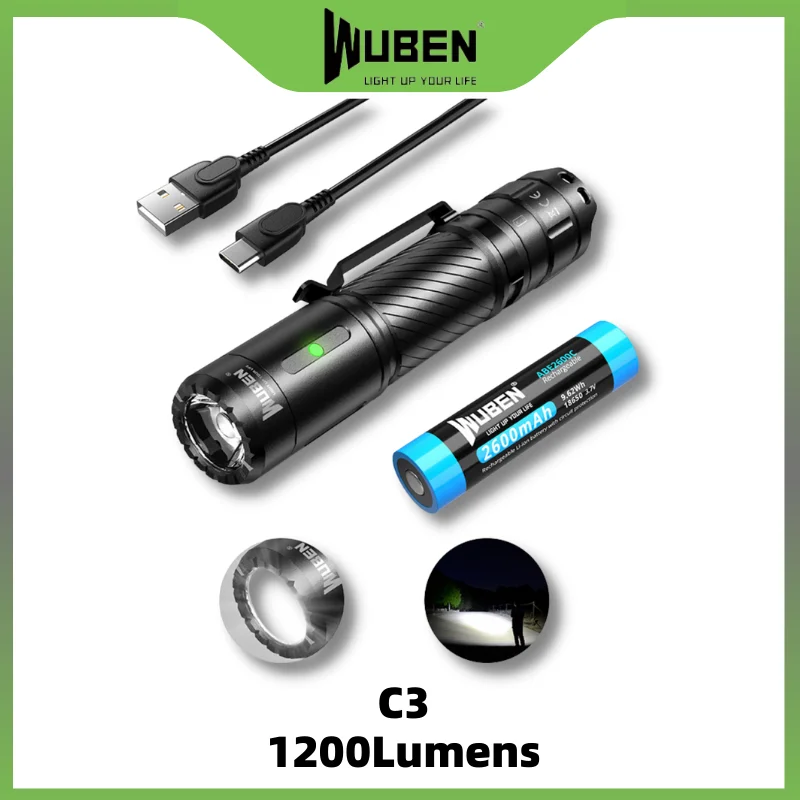 Перезаряжаемый светодиодный фонарик WUBEN C3 Type-C 1200 люмен с аккумулятором 18650