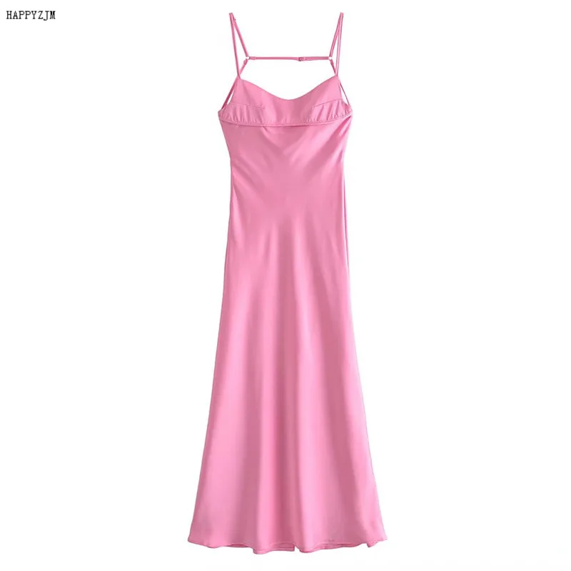 

2023 New Women Hollow Design Silk Satin Texture Midi Suspender Dress Summer Sexy Revealing Back Slit Slim Pink Dress