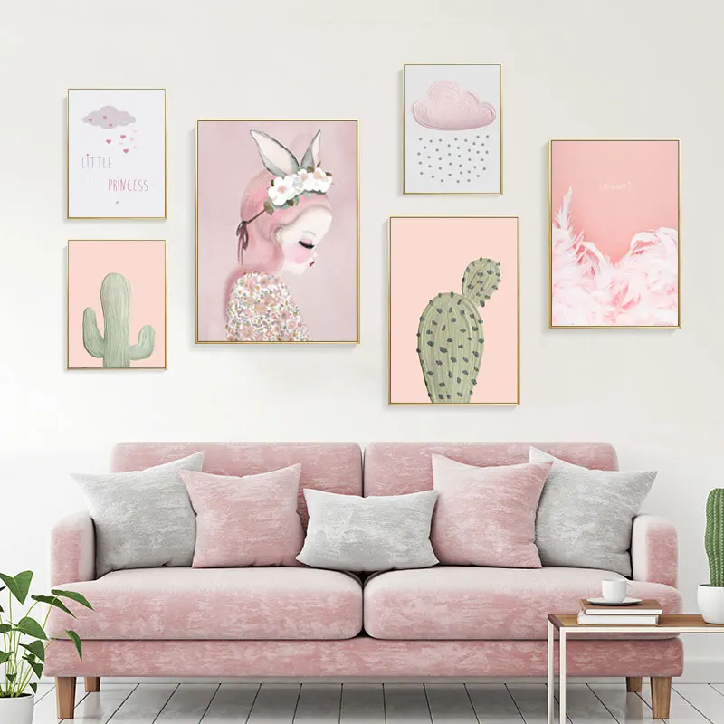 

Cartoon Pink Cactus Clouds Nursery Decor Girls Style Canvas Painting Posters and Prints Wall Art Pictures for Bedroom Home Decor