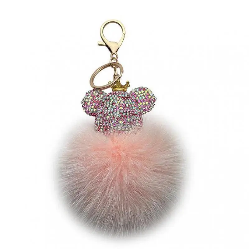 

2023 Luxury Creative Diamond Inlaid Big Head Bear Keychain Real Fur Fox Fur Car Keychain Bag Pendant Fashion Small Gift