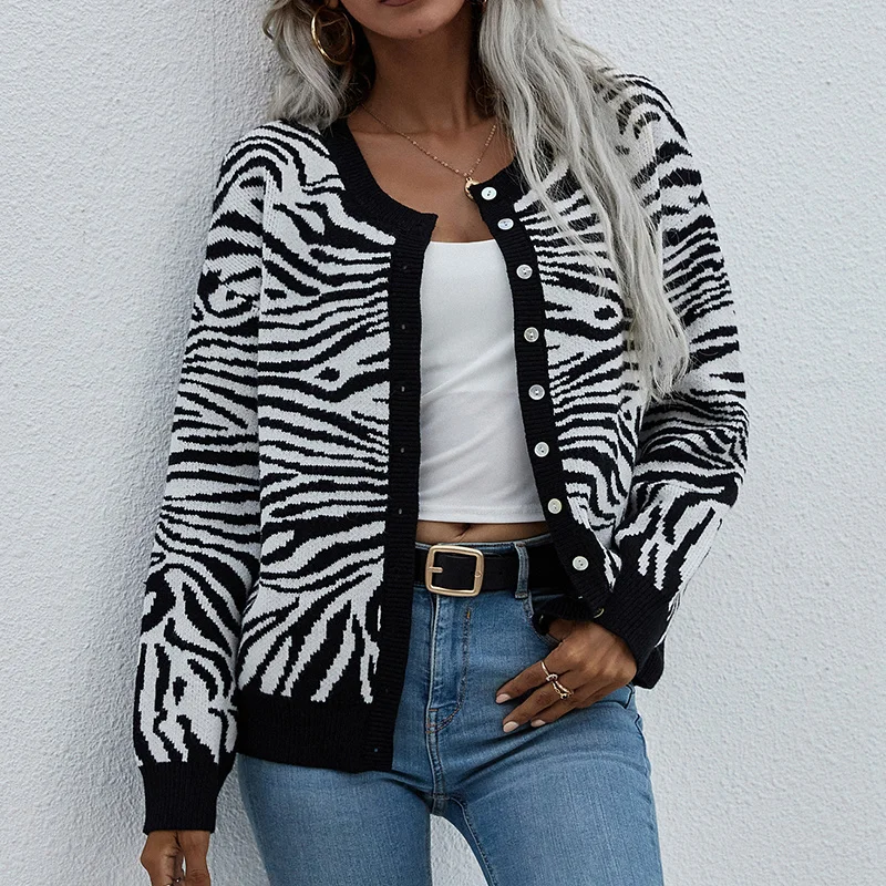 

Sweater Woman Winter 2022 New Fashion Zebra Stripes Sweaters Cardigan Print Knitwear Female V Neck Long Sleeve Top Jackets Coats