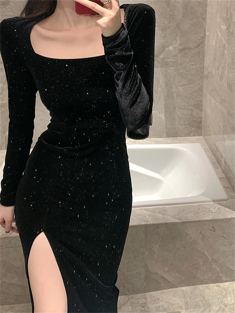 

Women Dress Long Maxi Black Vestidos Elastic Bodycon Womens Dresses Spring Evening Female Vintage Sexy Slim Skinny Winter