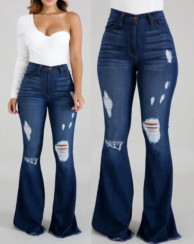 

2023 Casual Denim Plain High Waist Cutout Raw Hem Button Long Flared Jeans Women New Fashion Female Clothing All-Match