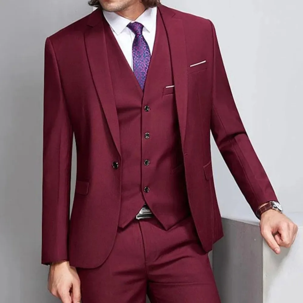 

Burgundy Mens Suits 3 Piece for Wedding Slim Fit Shawl Lapel Groom Tuxedos Royal Blue Best Man Suit Customize(Blazer+Vest+Pants)