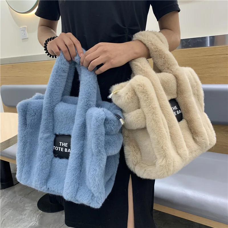 

Daily Soft Plush Bag Woolen Fashion Retro Casual Handbag Solid Simple Shoulder Designer Bag Large Capacity Tote Bag Fur Handbags